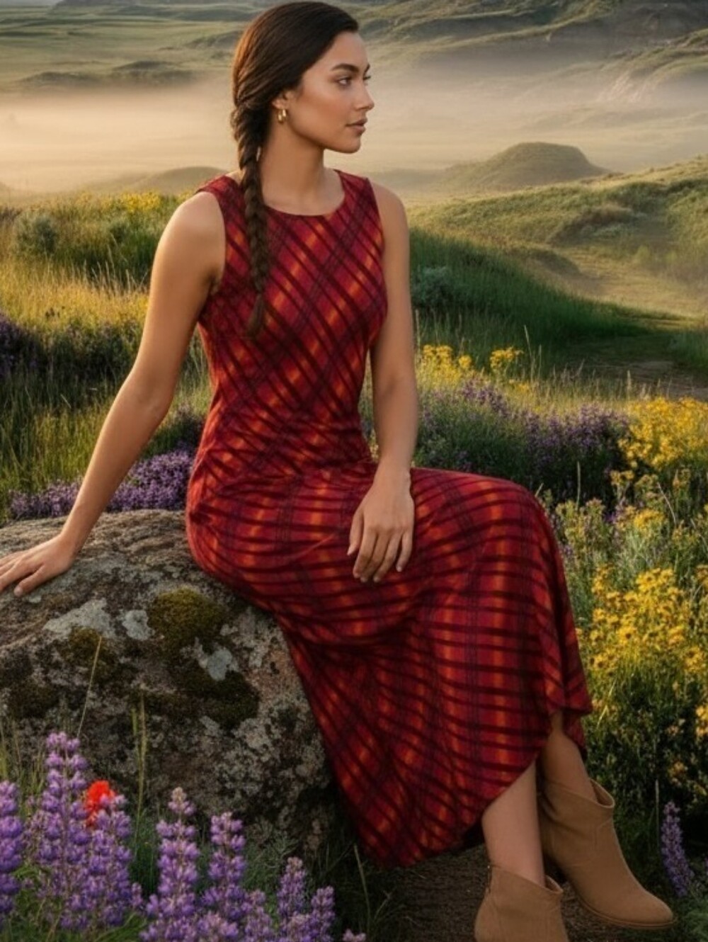 Smart Set Vintage 90's Y2K Sleeveless Burgundy Red Plaid Maxi Dress